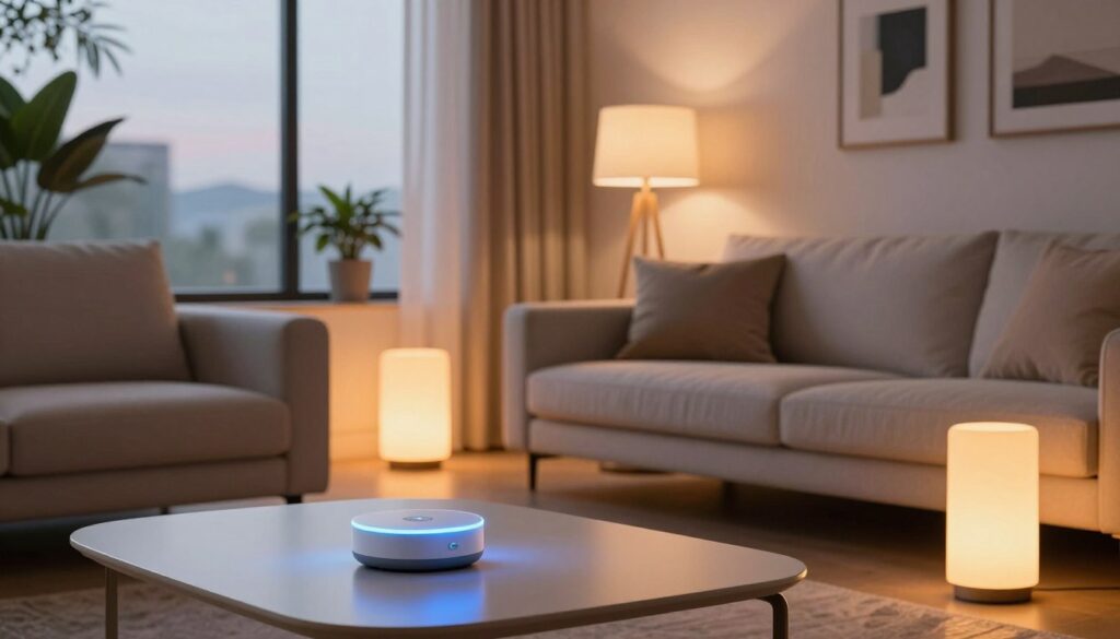 A modern living room featuring intelligent lighting technology. In the foreground, a sleek, minimalist coffee table holds a smart lighting control device, glowing softly. The middle area showcases a stylish sofa with neutral colors, surrounded by smart LED floor lamps that can change color temperature, creating a warm atmosphere for evening relaxation. In the background, large windows let in soft daylight, with automated curtains partially drawn. The room is decorated with plants and contemporary art, enhancing the high-tech yet cozy vibe. The lighting is balanced, with vibrant hues that shift subtly, embodying both comfort and innovation, captured with a warm, inviting atmosphere and a slight depth of field for focus on the lighting features.