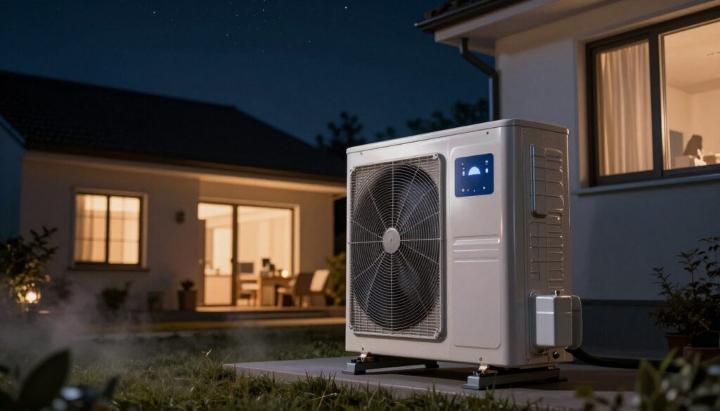 A nighttime scene showcasing a modern heat pump system in a residential setting, subtly illuminated by soft outdoor lighting. In the foreground, the heat pump is prominently displayed, with sleek metallic surfaces reflecting the ambient light. In the middle ground, a cozy home is visible, with warm light spilling from the windows, suggesting comfort inside. The background features a starry sky, emphasizing the tranquility of night. The atmosphere exudes calmness, with a slight chill suggested by gentle fog near the ground. The angle is slightly elevated, capturing both the heat pump and the inviting home, creating a sense of harmony between technology and comfort during cooler nighttime hours.