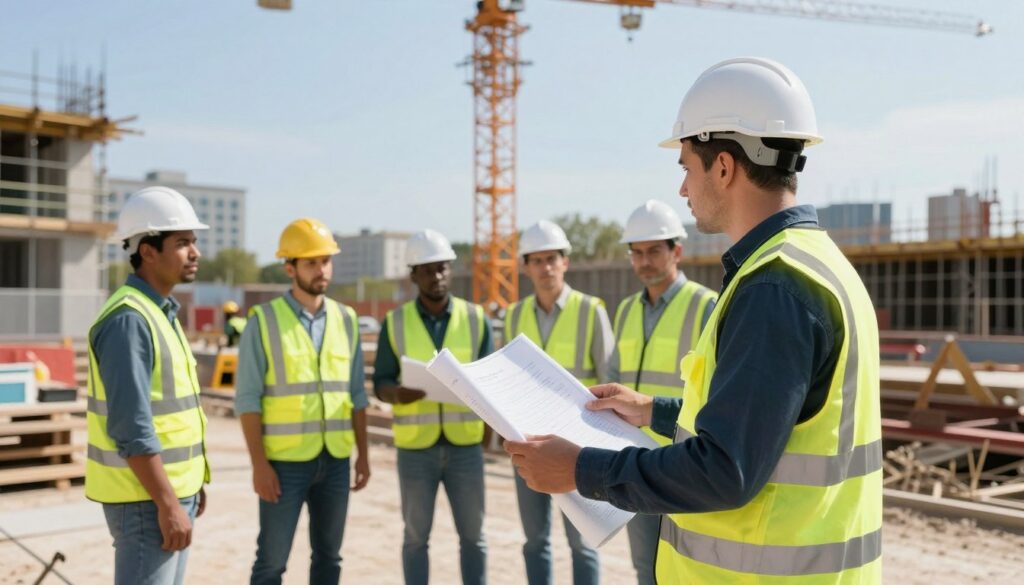 A professional construction manager surveying a bustling construction site, focused and engaged in his duties. In the foreground, the manager, dressed in a smart safety vest and hard hat, is holding blueprints while discussing with a diverse team of workers who are clad in safety gear. In the middle ground, multiple construction elements like scaffolding, cranes, and half-built structures are visible, indicating progress and organization. The background features a clear blue sky, showcasing the site’s location surrounded by urban development. Soft, natural sunlight illuminates the scene, creating a bright and productive atmosphere. The overall mood is one of professionalism, teamwork, and dedication to quality construction management.