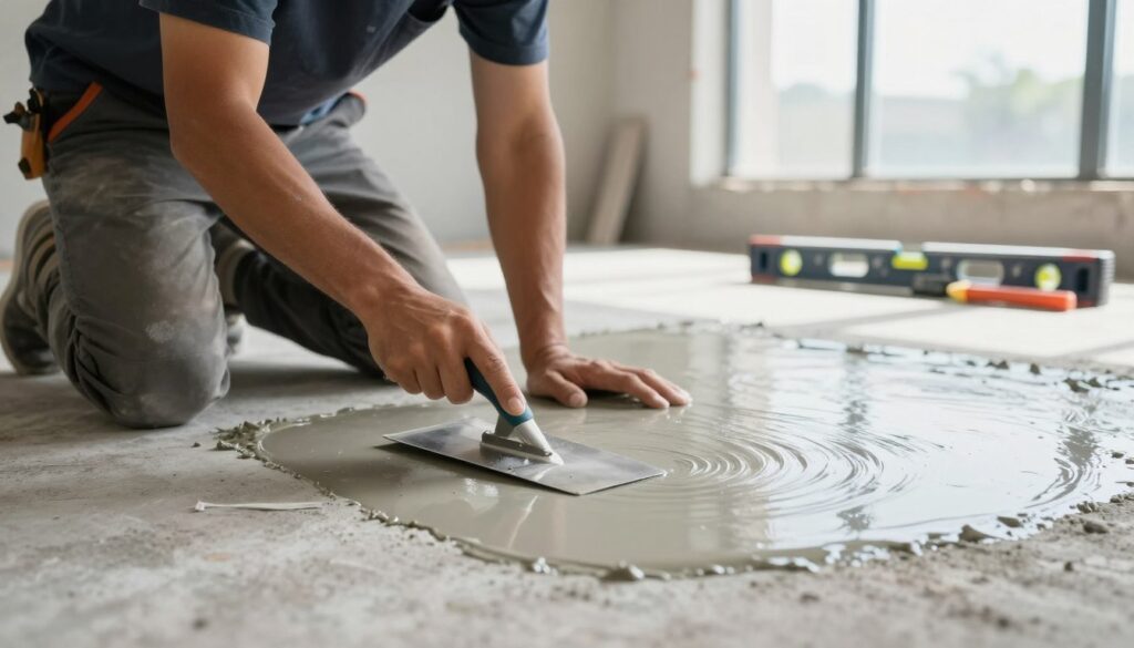 A professional construction worker wearing modest casual clothing applies a self-leveling compound to a smooth concrete floor using a trowel. The foreground shows the worker focused on the task, with detailed close-up of their hands expertly maneuvering the trowel. In the middle, the freshly poured compound glistens, showcasing its smooth texture and leveling properties. The background features a well-lit interior of a modern building under construction, with tools and supplies neatly organized. The lighting is bright and natural, streaming in from large windows, casting soft shadows. The atmosphere conveys precision and professionalism, emphasizing the step-by-step technique of applying the compound effectively.