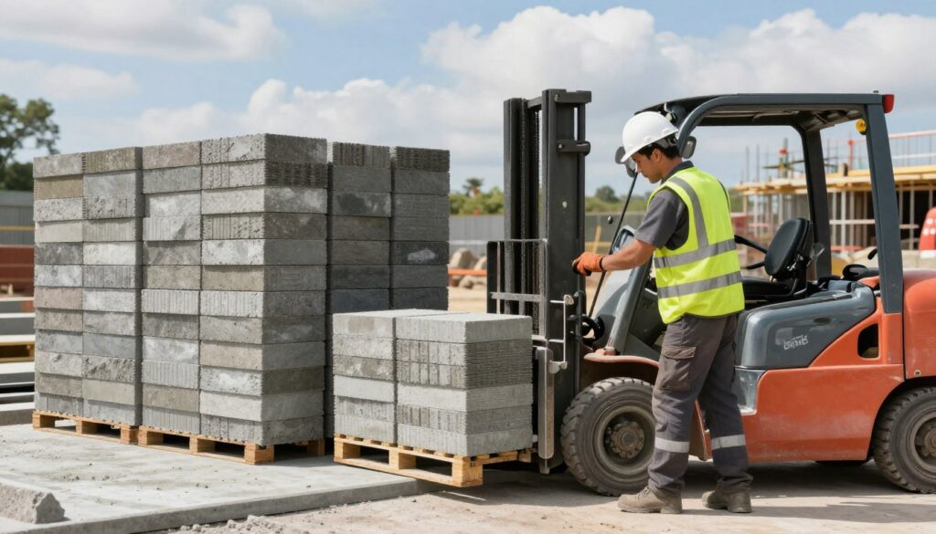 A safe and efficient unloading of concrete pavers is depicted in a construction setting. In the foreground, a professional worker, dressed in a high-visibility vest and hard hat, carefully uses a forklift to lower a pallet of pavers onto a flat, stable surface. The middle ground features a neatly arranged stack of pavers, showcasing their texture and color. In the background, a construction site with a blue sky, scattered clouds, and sturdy equipment can be seen, emphasizing a productive environment. The lighting is bright and natural, highlighting the worker’s focus and the tools used for the unloading process. The overall atmosphere conveys professionalism, safety, and teamwork in handling heavy materials.