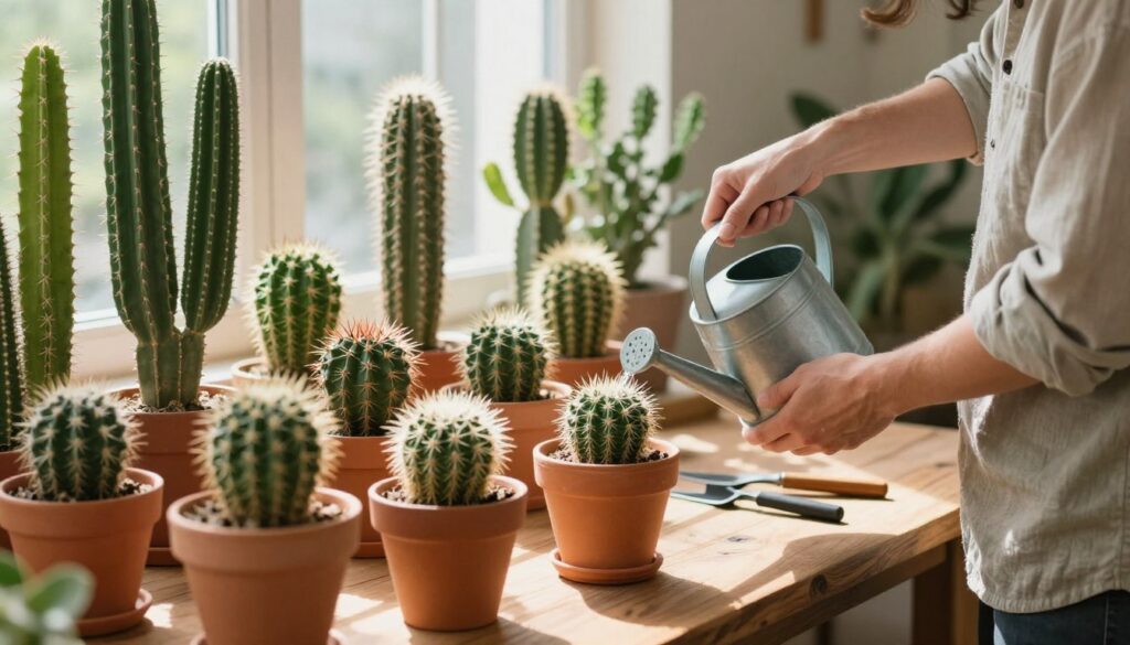 A serene and inviting scene showcasing the act of watering cacti. In the foreground, a gardener dressed in modest casual attire gently waters various types of cacti in unique terracotta pots, highlighting their textures and spines. The middle layer features a vibrant mix of different cactus species, including tall saguaro and small barrel cacti, each with their distinct shapes and colors. In the background, a bright, sunlit window creates a warm atmosphere, casting soft shadows across a wooden table filled with gardening tools and a small watering can. The lighting is bright and natural, enhancing the earthy tones and details, while conveying a sense of tranquility and care for these resilient plants.