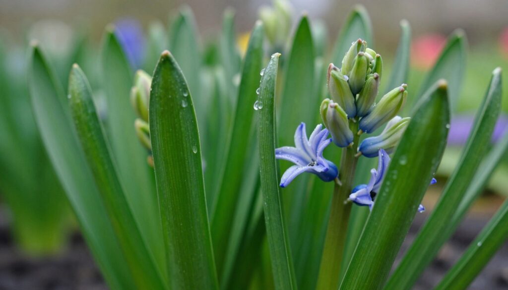 A serene close-up of vibrant hyacinth leaves after blooming, showcasing their lush, deep green hues glistening with morning dew. The foreground features a few drooping petals, hinting at the end of the flowering season. In the middle ground, the rich foliage displays subtle variations in shades, emphasizing the texture and health of the leaves. The background is softly blurred, suggesting a garden setting with hints of other spring flowers. The lighting is soft and natural, capturing the essence of early morning light filtering through the leaves, creating a tranquil and peaceful atmosphere. The overall mood is one of nurturing and care for the plant, reflecting a tender moment in the life cycle of the hyacinth.