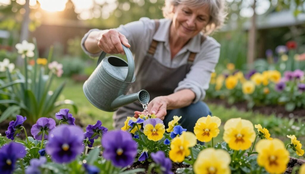 A serene garden scene focused on a gardener in modest casual clothing gently watering vibrant pansies (bratki) with a watering can. In the foreground, we see a close-up of colorful pansies in various shades of purple, yellow, and blue, their petals glistening with water droplets. In the middle ground, the gardener, an older woman with a warm smile, is kneeling beside a flower bed, surrounded by lush greenery. The background features soft blurred flowers and a hint of sunlight filtering through leaves, creating a warm and inviting atmosphere. The lighting is soft and natural, capturing the essence of a peaceful afternoon. The composition is shot from a slight low angle to highlight the flowers and the caregiver, emphasizing the nurturing relationship between the gardener and the stunning blooms.