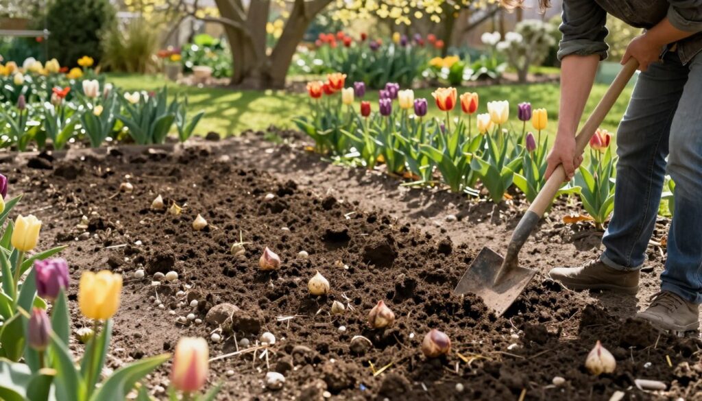 A serene garden scene focused on the preparation of soil for planting tulip bulbs. In the foreground, a gardener in modest casual attire works the soil with a spade, showing rich, dark earth mixed with small pebbles and organic matter. Brightly colored tulip bulbs are scattered beside the gardener. The middle part of the scene features a well-tended flower bed, with freshly turned soil ready for planting, surrounded by lush greenery and hints of early spring flowers. In the background, soft sunlight filters through overhead trees, casting dappled shadows and creating a warm, inviting atmosphere. The image is shot from a slightly elevated angle to capture the depth of the garden and the intricate details of the soil preparation process.
