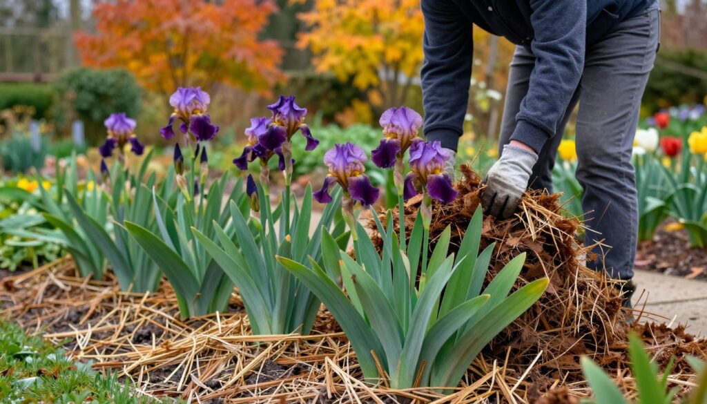 A serene garden scene in late autumn, focusing on a cluster of vibrant iris plants covered with protective mulch to guard against winter frost. In the foreground, the irises have rich green foliage with the last purple blooms fading, surrounded by a layer of straw or pine needles for insulation. The middle ground shows a gardener in modest casual clothing diligently working with gloves, gently placing more mulch around the base of the irises. In the background, soft autumn foliage in warm hues of orange and yellow set a tranquil atmosphere. The lighting is soft and diffused, reminiscent of a cloudy day, creating a calm and nurturing mood. The composition captures the essence of protection and care for these delicate plants during the approaching winter months.