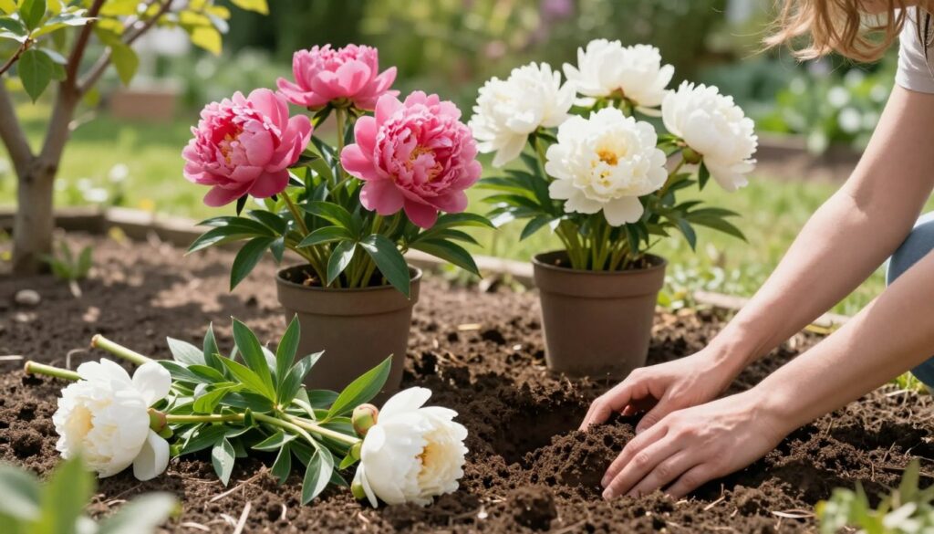 A serene garden scene showcasing the process of planting peonies. In the foreground, a pair of hands gently digging a hole in rich, dark soil, with vivid green shoots of peonies resting nearby, ready to be planted. In the middle ground, freshly potted peonies in vibrant pinks and whites, showcasing their lush foliage. The background features a softly blurred view of a garden in early spring, with gentle sunlight filtering through the leaves, casting dappled shadows on the ground. The atmosphere is calm and nurturing, reflecting the care and attention needed for peonies to thrive. The composition exudes a sense of hope and renewal, capturing the essence of planting for future blooms. A serene garden scene showcasing the process of planting peonies. In the foreground, a pair of hands gently digging a hole in rich, dark soil, with vivid green shoots of peonies resting nearby, ready to be planted. In the middle ground, freshly potted peonies in vibrant pinks and whites, showcasing their lush foliage. The background features a softly blurred view of a garden in early spring, with gentle sunlight filtering through the leaves, casting dappled shadows on the ground. The atmosphere is calm and nurturing, reflecting the care and attention needed for peonies to thrive. The composition exudes a sense of hope and renewal, capturing the essence of planting for future blooms.