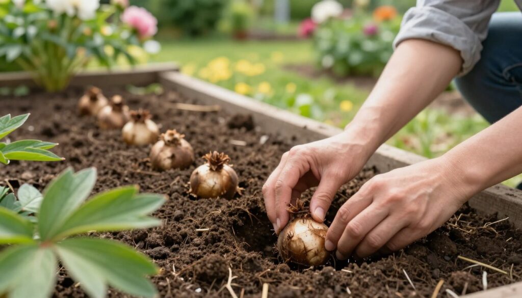 A serene garden setting featuring a close-up view of a gardener gently planting peony tubers in rich, dark soil, demonstrating proper planting techniques. The foreground showcases the gardener's hands delicately placing the tubers at the correct depth, surrounded by a few vibrant green leaves. The middle of the image includes a neatly organized planting bed with multiple peony tubers ready for planting, illustrating their specific spacing. In the background, a picturesque garden scene with sunlit greenery and blooming flowers creates a cheerful atmosphere. Soft, natural lighting highlights the textures of the soil and foliage, while a shallow depth of field focuses on the planting process, conveying a sense of care and expertise in horticulture. A serene garden setting featuring a close-up view of a gardener gently planting peony tubers in rich, dark soil, demonstrating proper planting techniques. The foreground showcases the gardener's hands delicately placing the tubers at the correct depth, surrounded by a few vibrant green leaves. The middle of the image includes a neatly organized planting bed with multiple peony tubers ready for planting, illustrating their specific spacing. In the background, a picturesque garden scene with sunlit greenery and blooming flowers creates a cheerful atmosphere. Soft, natural lighting highlights the textures of the soil and foliage, while a shallow depth of field focuses on the planting process, conveying a sense of care and expertise in horticulture.
