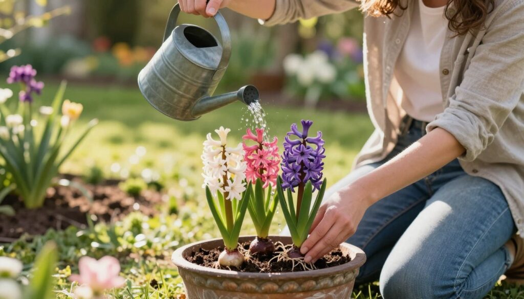 A serene gardening scene featuring a person in modest casual clothing gently watering vibrant, blooming hyacinths in a decorative pot. In the foreground, the pot is rich in soil, showcasing healthy roots peeking from underneath. The person is kneeling beside the pot, with a watering can pouring a gentle stream of water onto the delicate flowers, highlighting the care involved in proper watering. In the middle ground, soft sunlight filters through lush greenery, casting dappled shadows on the ground. In the background, a blurred garden with hints of other flowering plants adds depth to the scene. The overall mood is tranquil and nurturing, emphasizing the beauty of nurturing hyacinths for robust blooms. Bright, warm colors enhance the image's inviting atmosphere. A serene gardening scene featuring a person in modest casual clothing gently watering vibrant, blooming hyacinths in a decorative pot. In the foreground, the pot is rich in soil, showcasing healthy roots peeking from underneath. The person is kneeling beside the pot, with a watering can pouring a gentle stream of water onto the delicate flowers, highlighting the care involved in proper watering. In the middle ground, soft sunlight filters through lush greenery, casting dappled shadows on the ground. In the background, a blurred garden with hints of other flowering plants adds depth to the scene. The overall mood is tranquil and nurturing, emphasizing the beauty of nurturing hyacinths for robust blooms. Bright, warm colors enhance the image's inviting atmosphere.