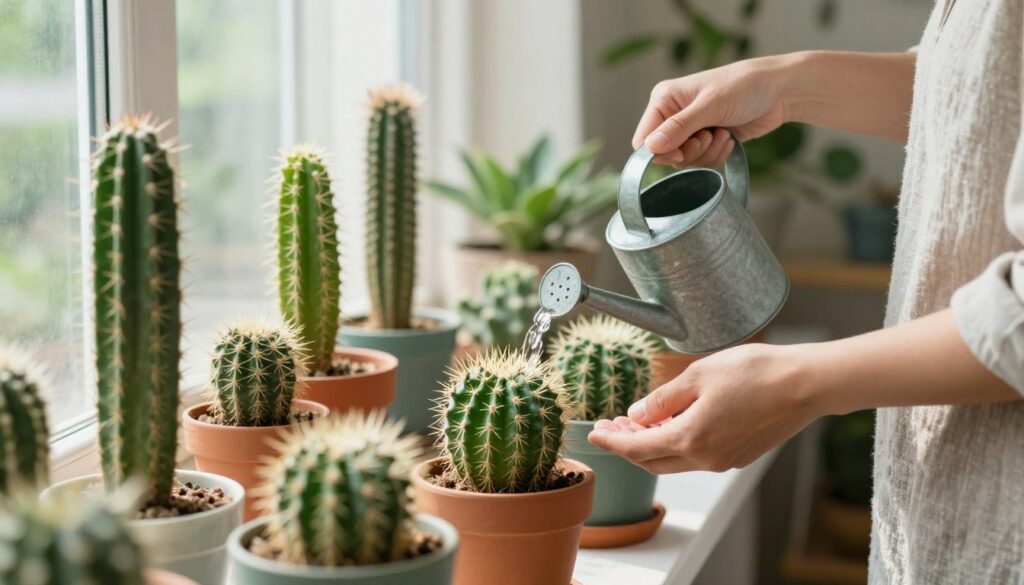 A serene indoor setting showcasing a person in modest casual wear gently watering a collection of various cacti. The foreground features a close-up of the person’s hands delicately pouring water from a small watering can onto a vibrant green cactus, emphasizing the care taken in watering. In the middle ground, a variety of cacti in different shapes and sizes, some flowering, are displayed on a sunlit windowsill adorned with colorful pots. The background is softly blurred, hinting at a cozy room filled with plants, with natural light streaming through sheer curtains, creating a warm and inviting atmosphere. The overall mood is nurturing and focused, capturing the essence of the specific approach required for watering cacti.