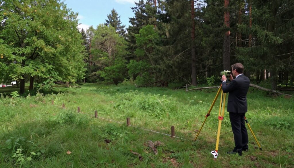 A serene landscape depicting property boundaries in a forested area, showcasing a geodetic survey in progress. In the foreground, a professional surveyor, dressed in business attire, is using a theodolite to measure land boundaries, with a visible survey marker in the ground. In the middle, small wooden posts are placed at defined intervals, indicating the boundary line, surrounded by lush green grass and a mix of deciduous and evergreen trees. In the background, a clear blue sky casts soft, natural light, creating a tranquil yet professional atmosphere. The scene captures the essence of legal obligations associated with property boundary determination, emphasizing precision and clarity. A serene landscape depicting property boundaries in a forested area, showcasing a geodetic survey in progress. In the foreground, a professional surveyor, dressed in business attire, is using a theodolite to measure land boundaries, with a visible survey marker in the ground. In the middle, small wooden posts are placed at defined intervals, indicating the boundary line, surrounded by lush green grass and a mix of deciduous and evergreen trees. In the background, a clear blue sky casts soft, natural light, creating a tranquil yet professional atmosphere. The scene captures the essence of legal obligations associated with property boundary determination, emphasizing precision and clarity.