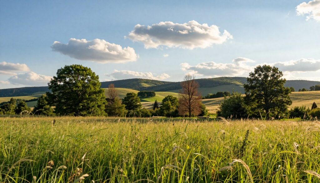 A serene landscape depicting the changing sunlight patterns in Poland due to climate change. In the foreground, a sunlit meadow with vibrant green grass and wildflowers swaying gently in a soft breeze. The middle ground features a diverse array of trees, some lush and full, while others show signs of drought, highlighting the impact of changing weather. In the background, a range of rolling hills under a bright blue sky dotted with fluffy clouds, showcasing the warm sunlight casting soft shadows. The atmosphere is tranquil yet slightly somber, inviting reflection on environmental changes. Use warm, golden hour lighting to enhance the mood, captured from a low angle to emphasize the expansive sky and the vibrant colors of nature.