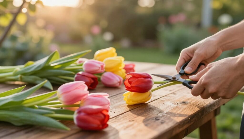 A serene scene depicting the moment of cutting tulips for drying, featuring a skilled hands gently snipping vibrant tulip stems with scissors. In the foreground, focus on the delicate tulips in varying bright colors—red, pink, and yellow—each fully bloomed, showcasing their graceful shapes. The middle ground reveals a rustic wooden table strewn with freshly cut flowers, some lying in a neat bundle, while others are still being harvested. In the background, a softly blurred garden setting under a warm golden-hour light creates an inviting atmosphere. Use a shallow depth of field to emphasize the tulip details, with gentle sunlight filtering through leafy branches, evoking a peaceful and reflective mood. Capture the essence of garden tranquility and the beauty of floral preservation.