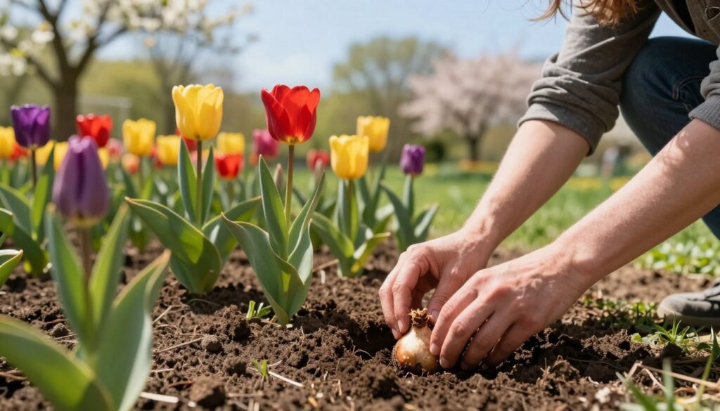 A serene spring garden scene depicting a gardener carefully planting tulip bulbs in rich, dark soil. In the foreground, focus on the gardener's hands, gently placing a bulb into a small hole. Surround the hands with vibrant, green shoots and some partially bloomed tulips to suggest the season. In the middle ground, show rows of tulip flowers of various colors—red, yellow, and purple—creating a lively contrast against the brown soil. The background features a soft-focus landscape of trees blossoming with spring leaves under a clear blue sky, enhancing a calm, inviting atmosphere. The lighting is warm and natural, reminiscent of a bright morning, casting gentle shadows that add depth to the scene.