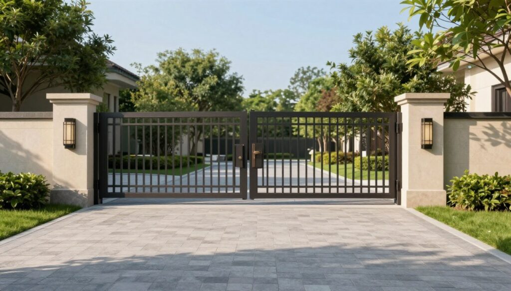 A spacious driveway featuring an elegant, modern vehicle entering through a well-designed driveway gate. The gate is partially open, showcasing ample clearance beneath it, allowing for smooth entry without hindrance. In the foreground, the textured paving stones of the driveway contrast with the lush green grass bordering it. The middle area captures the gate's intricate metalwork and stylish design, bathed in soft, natural sunlight that highlights its features. In the background, tall trees provide a serene ambiance, while a clear blue sky completes the tranquil setting. The scene conveys a sense of professionalism and proper planning, illustrating the importance of optimal gate height for practical use. The image is crisp and vibrant, with a focus on clarity and detail.
