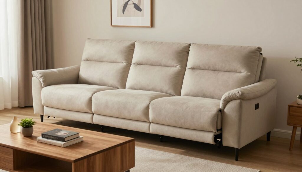 A stylish, modern living room featuring a functional sofa that balances comfort and aesthetic appeal. The sofa should be upholstered in soft, durable fabric, with sleek lines and a minimalist design, showcasing a versatile arrangement that includes reclining features and built-in storage. In the foreground, a warm, inviting ambiance is created by soft, diffuse lighting, highlighting the texture of the sofa. In the middle, a coffee table made of natural wood adds warmth, accessorized with decorative items like books and a small plant. The background features a well-decorated wall with artwork and soft, neutral-colored curtains that gently filter light. The overall mood is cozy and welcoming, perfect for daily family activities and gatherings.