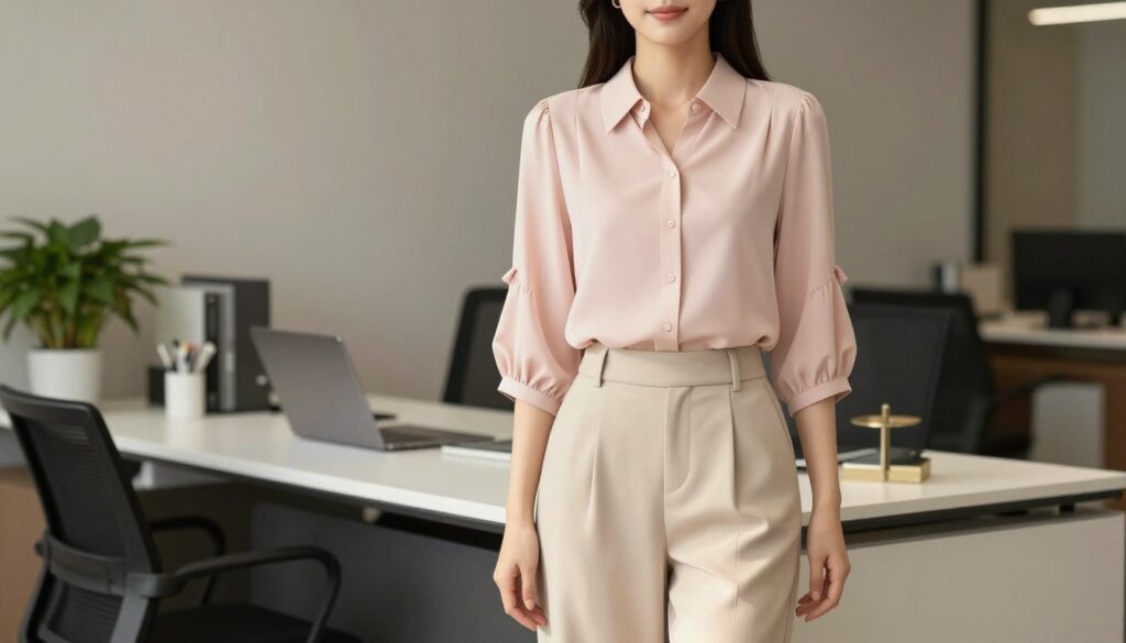 A stylish office environment featuring a model wearing an elegant blouse paired with wide-leg trousers, embodying a sophisticated business casual look. The blouse, in a soft pastel color, has delicate details like subtle ruffles at the sleeves and a polished collar. The model stands confidently, exuding professionalism, with her hair neatly styled. Soft, natural lighting highlights the textures of the fabric, creating a warm and inviting atmosphere. In the background, there's a minimalistic office space with a sleek desk, modern decor, and soft plants that complement the color palette. The camera angle is slightly elevated, capturing the outfit's elegance while maintaining focus on the model. The entire scene reflects a sense of poise and professionalism, ideal for a business setting.