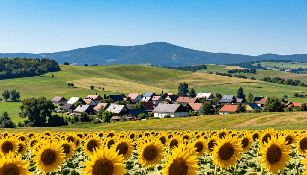 A sun-drenched landscape showcasing a vibrant Polish region, alive with rolling hills and lush greenery under a clear blue sky. In the foreground, a field of sunflowers turns their heads towards the sun, symbolizing abundance and brightness. The middle ground features a quaint countryside village, with traditional Polish architecture and clear rooftops reflecting sunlight. In the background, distant mountains create a stunning silhouette against the horizon, enhancing the sense of open space and warmth. The lighting is bright and inviting, capturing the essence of clear sunny days. The atmosphere is tranquil and uplifting, embodying the beauty of nature under optimal sunlight conditions, evoking a sense of joy and vitality.