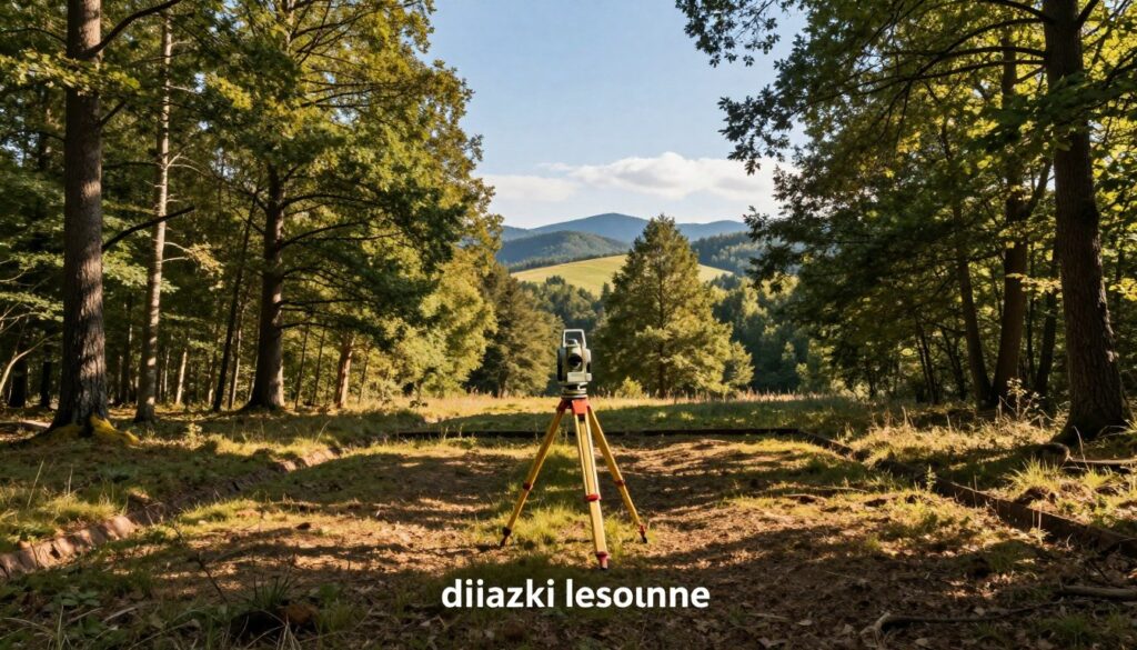 A tranquil forest landscape depicting "działki leśne," showcasing well-defined boundaries where the forest meets clear demarcations of land. The foreground features a neatly surveyed plot with visible surveying equipment, such as a tripod and a total station. The middle ground reveals a diverse array of mature trees, with sunlight filtering through the leaves, casting dappled shadows on the ground. In the background, there are rolling hills and a hint of mountains under a bright blue sky, enhancing the sense of depth. The lighting is warm and golden, suggesting late afternoon. The mood is serene and professional, conveying the precision and care involved in forestry surveying work. No people are depicted, allowing the focus to remain on the land and tools. A tranquil forest landscape depicting "działki leśne," showcasing well-defined boundaries where the forest meets clear demarcations of land. The foreground features a neatly surveyed plot with visible surveying equipment, such as a tripod and a total station. The middle ground reveals a diverse array of mature trees, with sunlight filtering through the leaves, casting dappled shadows on the ground. In the background, there are rolling hills and a hint of mountains under a bright blue sky, enhancing the sense of depth. The lighting is warm and golden, suggesting late afternoon. The mood is serene and professional, conveying the precision and care involved in forestry surveying work. No people are depicted, allowing the focus to remain on the land and tools.