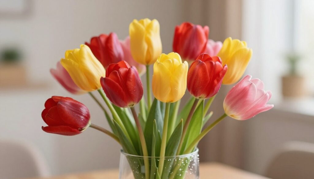 A vibrant and elegant arrangement of tulips in a clear glass vase, showcasing various colors such as deep red, bright yellow, and soft pink. The tulips should appear fresh and lively, with some petals slightly open while others are still closed, reflecting varying stages of bloom. In the foreground, delicate water droplets can be seen clinging to the vase, emphasizing freshness. The middle ground features the tulip stems, trimmed at different lengths to convey the key principles of stem preparation. The background is softly blurred with a warm, inviting light that creates a tranquil and inspiring atmosphere, hinting at a cozy home environment. The image should be captured from a slightly elevated angle, focusing on the tulips and vase, ensuring no text or markings are present.