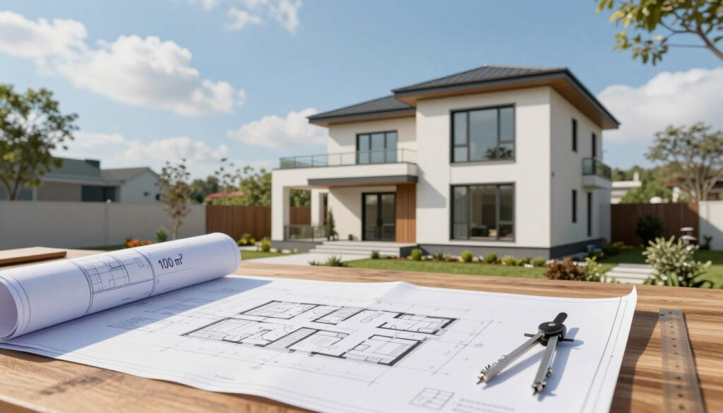 A vibrant architectural visualization of a modern house project, showcasing a 100 m² home design. The foreground features a detailed blueprint laid on a wooden table, with architectural tools like a ruler and compass scattered around. In the middle, a stylish, compact two-story house stands prominently, with large windows and a contemporary facade, surrounded by a landscaped garden. The background reveals a clear blue sky with fluffy white clouds, and distant trees, contributing to a serene environment. The scene is illuminated by soft, natural sunlight, enhancing the textures of the materials. The mood is optimistic and professional, reflecting a sense of planning and investment in future living spaces.