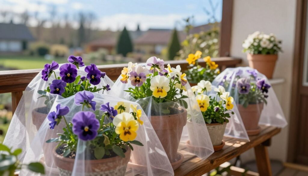 A vibrant arrangement of colorful pansies, with protective coverings made of lightweight frost cloth, set in decorative pots. In the foreground, the rich hues of purple, yellow, and white flowers are contrasted by the delicate, translucent fabric draping over them, slightly illuminated by soft morning sunlight. The middle features a cozy balcony environment with rustic wooden furniture and potted plants, accentuating the seasonal care. In the background, a gentle blur of a garden and distant trees under a clear blue sky enhances the feeling of a warm spring day while hinting at the late frost threat. The overall atmosphere conveys warmth and tenderness, symbolizing the care needed for plants against potential frost damage. A vibrant arrangement of colorful pansies, with protective coverings made of lightweight frost cloth, set in decorative pots. In the foreground, the rich hues of purple, yellow, and white flowers are contrasted by the delicate, translucent fabric draping over them, slightly illuminated by soft morning sunlight. The middle features a cozy balcony environment with rustic wooden furniture and potted plants, accentuating the seasonal care. In the background, a gentle blur of a garden and distant trees under a clear blue sky enhances the feeling of a warm spring day while hinting at the late frost threat. The overall atmosphere conveys warmth and tenderness, symbolizing the care needed for plants against potential frost damage.