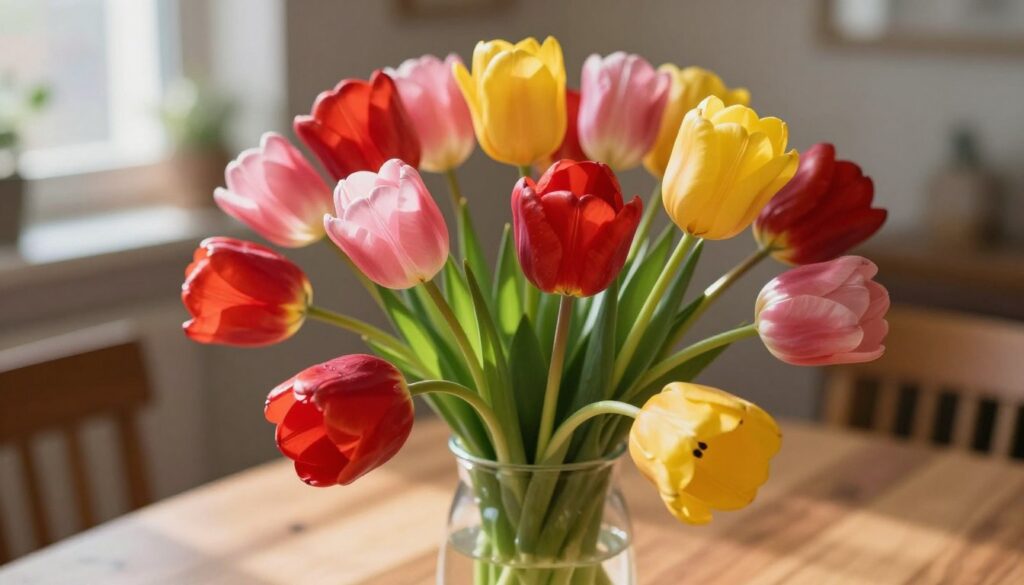 A vibrant arrangement of tulips in a glass vase, showcasing a range of colors including deep reds, soft pinks, and sunny yellows. The tulips are slightly wilting, with some petals gently drooping, signaling their fading freshness. The vase is positioned on a wooden table, with a soft, blurred background of a warm, sunlit room, enhancing the cozy atmosphere. The scene is illuminated by natural light streaming through a nearby window, casting delicate shadows and highlights on the flowers. The composition is captured from a slightly elevated angle, offering a clear view of the tulips' textures and the interplay of light, creating a serene and introspective mood that evokes reflections on the ephemeral nature of beauty.