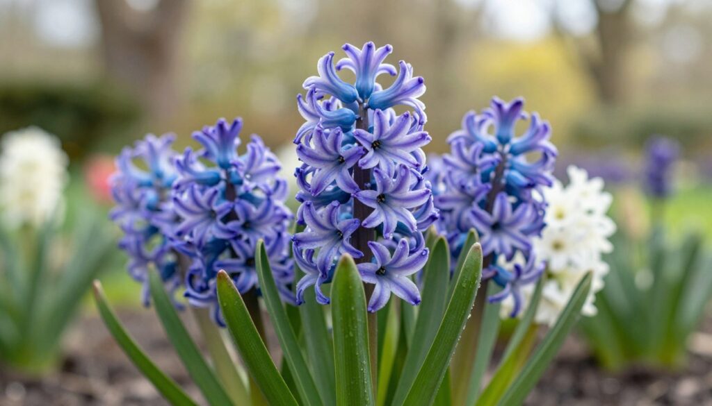 A vibrant close-up of a healthy hyacinth plant in full bloom, showcasing its lush, bell-shaped flowers that vary in shades of blue, purple, and white. In the foreground, the rich green leaves cradle the clusters of blossoms, embellished with dewdrops to signify freshness. The middle layer features a blurred background of a garden setting, with soft, diffused sunlight filtering through trees, casting gentle shadows. The atmosphere is serene and inviting, evoking a sense of peace and nature's beauty. The camera angle is slightly elevated to capture the flowers from a dynamic perspective. Ensure the focus remains sharp on the hyacinth while softly blurring the surroundings for an ethereal effect.