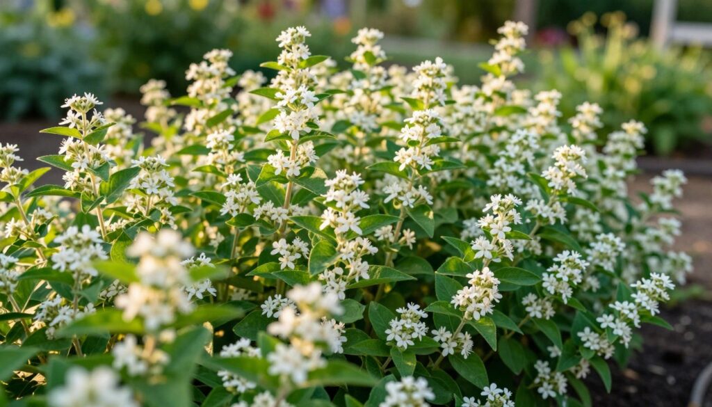 A vibrant display of lemon verbena (Aloysia citriodora) plants in full bloom, showcasing their delicate green leaves and clusters of small white flowers, illuminated by soft golden sunlight. In the foreground, focus on a close-up view of a few leaves, emphasizing the texture and sheen that hint at their aromatic qualities. The middle ground features a wider angle of the lush plants, exuding a sense of abundant growth and vitality. The background fades into a serene garden setting with blurred, indistinct outlines of other greenery, allowing the viewer to immerse in the tranquil atmosphere. The overall mood is fresh and inviting, reflecting the enchanting scent of lemon verbena, ideal for capturing its unique appeal in a garden.