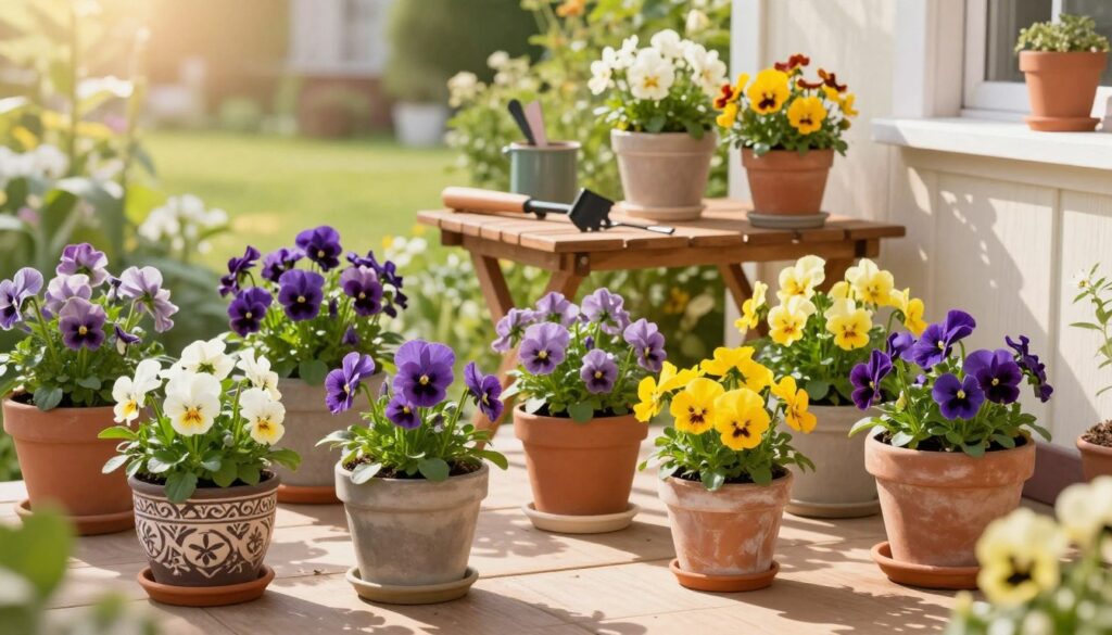 A vibrant display of pansies (bratki) in an elegantly arranged balcony setting, showcasing pots filled with colorful blooms in hues of purple, yellow, and white. In the foreground, each pot is distinctly designed, with some featuring intricate patterns while others are simple and modern. The middle ground includes a small wooden table with gardening tools, creating an inviting workspace. In the background, a sunny terrace overlooks a lush garden, with greenery softly blurred to provide depth. The lighting is warm and natural, suggesting early morning sunlight that bathes the scene in a golden glow. The atmosphere is serene and cheerful, ideal for illustrating a peaceful gardening experience. A vibrant display of pansies (bratki) in an elegantly arranged balcony setting, showcasing pots filled with colorful blooms in hues of purple, yellow, and white. In the foreground, each pot is distinctly designed, with some featuring intricate patterns while others are simple and modern. The middle ground includes a small wooden table with gardening tools, creating an inviting workspace. In the background, a sunny terrace overlooks a lush garden, with greenery softly blurred to provide depth. The lighting is warm and natural, suggesting early morning sunlight that bathes the scene in a golden glow. The atmosphere is serene and cheerful, ideal for illustrating a peaceful gardening experience.
