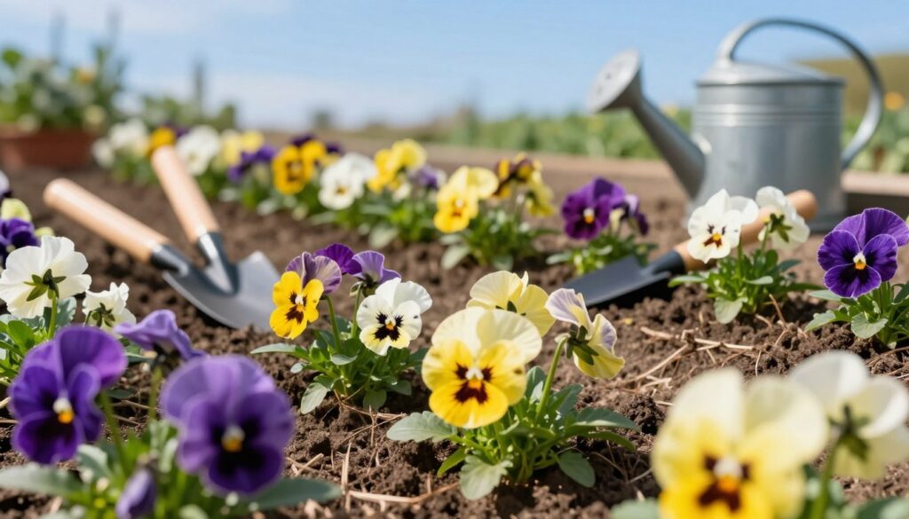 A vibrant garden scene displaying optimal planting times for pansies (bratki). In the foreground, close-up floral details with various colorful pansy flowers in full bloom, showcasing their unique patterns and rich hues of purple, yellow, and white. The middle ground features neatly arranged flower beds with healthy soil, incorporating gardening tools like a small trowel and a watering can. In the background, a clear blue sky and soft, warm sunlight illuminate the scene, creating a cheerful and inviting atmosphere. The overall composition captures the essence of thriving plants and ideal growing conditions, evoking a sense of beauty and horticultural enthusiasm.