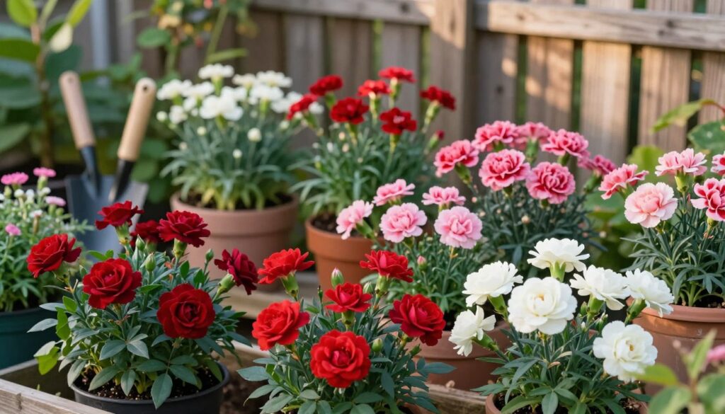 A vibrant garden scene focusing on various varieties of carnations in full bloom, showcasing their diverse colors and shapes. In the foreground, a selection of richly colored roses—deep reds, pinks, and whites—intertwine with lush green foliage, emphasizing the different varieties. The middle ground features garden tools and planting pots, suggesting a nurturing atmosphere, while a wooden fence forms the background, slightly blurred to keep the focus on the flowers. Soft, natural daylight filters through the leaves, casting gentle shadows and adding warmth. The overall mood is serene and inviting, capturing the essence of selecting the right carnation varieties for a home garden, perfect for gardeners seeking inspiration.