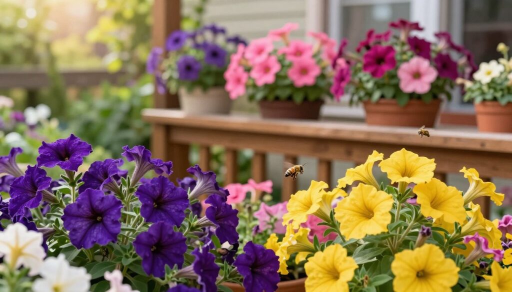 A vibrant garden scene showcasing a diverse array of petunia varieties in full bloom, including deep purples, bright pinks, and sunny yellows. In the foreground, clusters of petunias with varying petal shapes and sizes create a lush tapestry, while bees and butterflies flutter nearby, adding life to the composition. The middle ground reveals neatly arranged pots of petunias placed on a wooden balcony railing, emphasizing functionality for urban gardening. In the background, a soft-focus image of a charming garden setting with greenery and sunlight filtering through leaves creates a warm, inviting atmosphere. The image is bathed in gentle, natural light to highlight the vibrant colors of the flowers, captured with a macro lens to focus on the intricate details of the petals.
