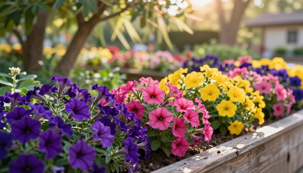 A vibrant garden scene showcasing a variety of petunias in full bloom, emphasizing their rich colors—deep purples, bright pinks, and sunny yellows. In the foreground, clusters of lush petunia flowers cascade over a rustic wooden planter, contrasting beautifully against the dark soil. The middle ground features a well-organized garden bed where petunias thrive under dappled sunlight, showcasing their healthy foliage. In the background, a serene garden setting with green trees gently swaying in a soft breeze, allowing warm, golden sunlight to filter through, creating an inviting and peaceful atmosphere. The image should be captured with a soft focus lens to enhance the vivid colors of the flowers against the soft, blurred background, giving a comforting and tranquil feeling to the scene.