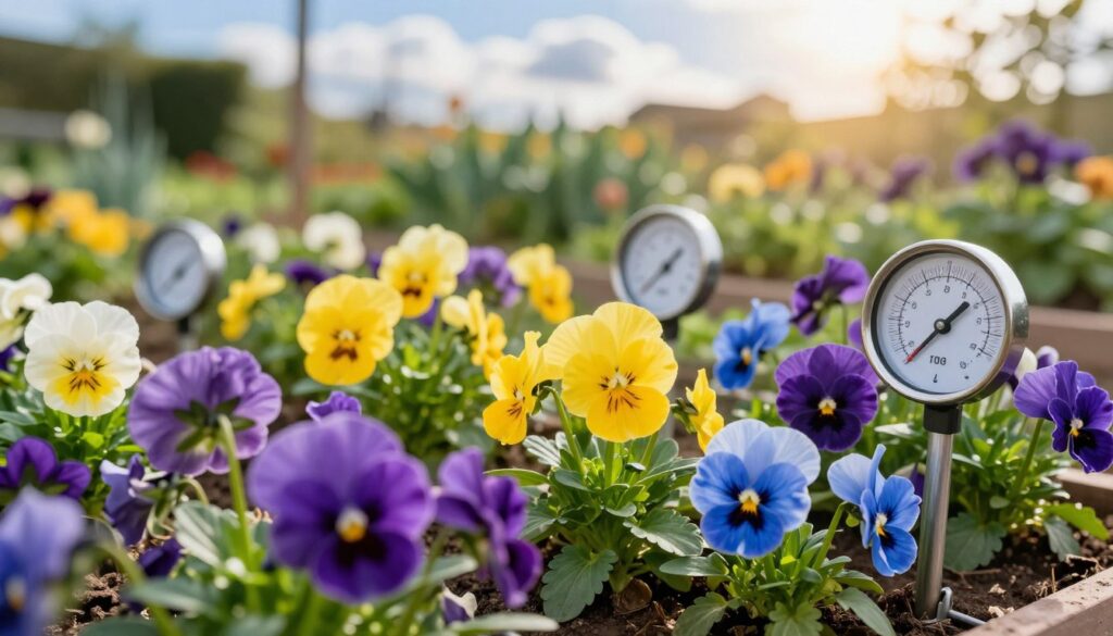 A vibrant garden showcasing a variety of colorful pansies (bratki) thriving under different temperature conditions. In the foreground, a close-up of pansies with rich purples, yellows, and blues, capturing their delicate petals and healthy leaves. In the middle ground, small temperature gauges displaying varying degrees, illustrating the impact of warmth on hydration needs. The background features a serene garden landscape with soft-focus greenery, sunlit clouds, and hints of other plants. Warm, natural sunlight filters through, casting gentle shadows and creating a lively atmosphere. The scene conveys a sense of growth and vitality, emphasizing the connection between temperature and the watering needs of pansies, all without text or overlays.