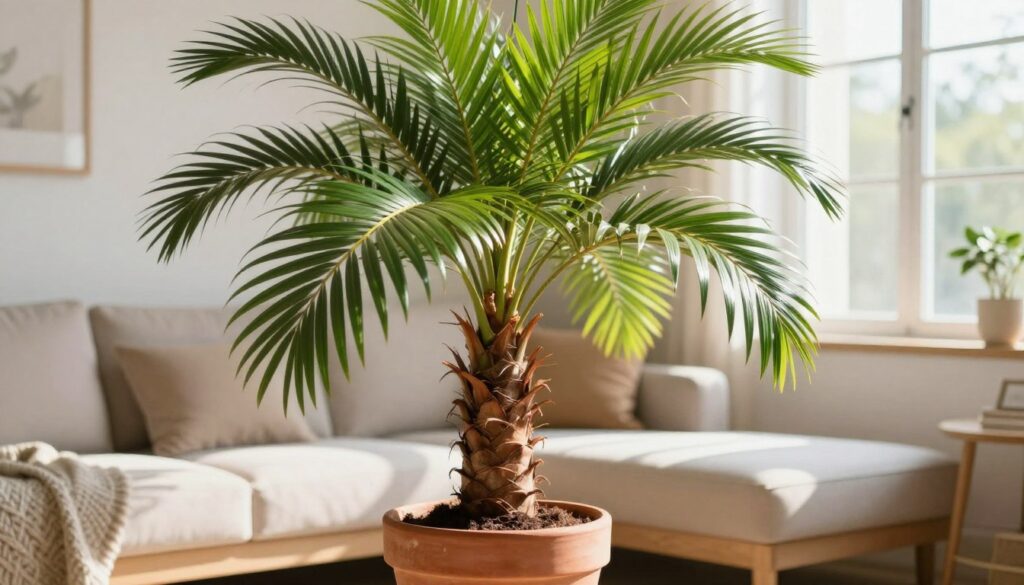 A vibrant indoor scene featuring a healthy coconut palm, with lush green fronds and a textured brown trunk, positioned prominently in the foreground. The plant should be housed in a stylish terracotta pot adorned with natural soil. In the middle background, tasteful home decor like a cozy sofa and a light-filled window can be seen to suggest a warm, inviting atmosphere. Soft sunlight streams through the window, casting gentle shadows and creating a serene ambiance. Use a shallow depth of field to emphasize the palm while keeping the background slightly blurred. The overall mood should feel fresh and uplifting, symbolizing care for indoor gardening and the nurturing of a coconut palm plant.