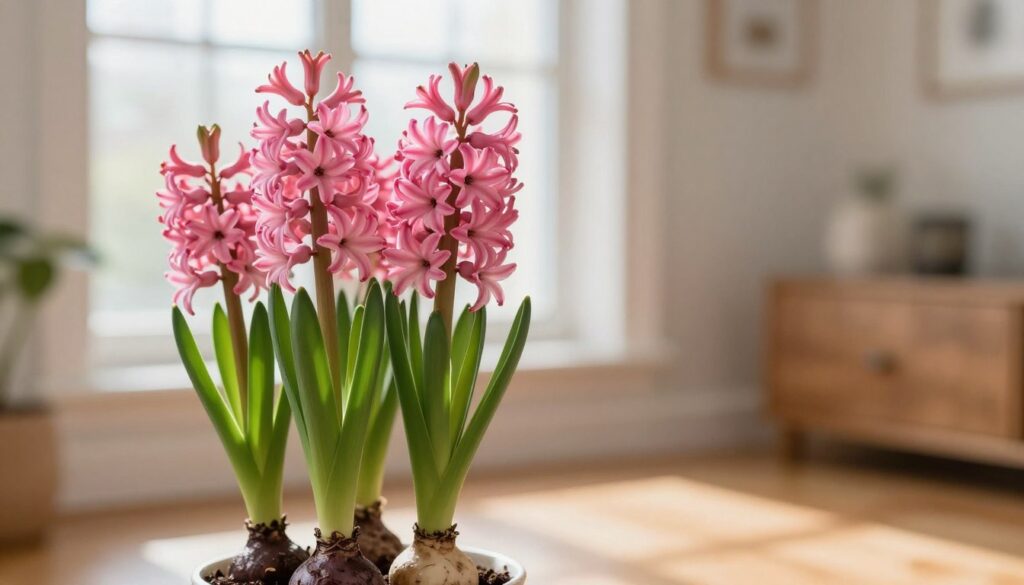 A vibrant indoor setting featuring a beautifully arranged pot of pink hyacinth flowers in full bloom, positioned prominently in the foreground. The flowers should have lush, green leaves and delicate petals, showcasing their rich color and texture. In the middle ground, a soft-focus background of a well-lit room with warm, natural light filtering through a nearby window, creating a serene atmosphere. The surface beneath the pot is glossy wood, reflecting the floral arrangement, while gentle shadows add depth. The overall mood is tranquil and inviting, emphasizing proper care techniques for the hyacinths with attention to the importance of avoiding bulb rot.