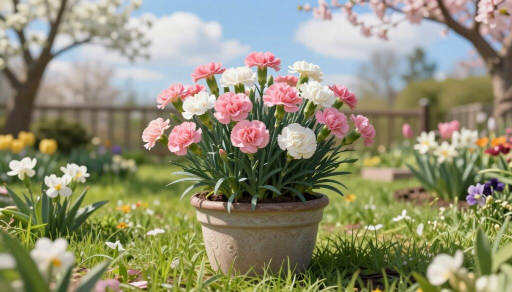 A vibrant spring scene featuring blooming pink and white carnations in a decorative pot, showcasing their lush, rejuvenated foliage. In the foreground, the pot is surrounded by fresh green grass and early spring flowers, symbolizing renewal. The medium captures the bright sunlight filtering through soft, fluffy clouds, casting gentle shadows on the ground. The background reveals a subtle garden landscape, complete with budding trees and a clear blue sky, enhancing the feeling of tranquility and rebirth. The composition emphasizes the themes of growth and recovery, inviting viewers to appreciate the beauty of these flowers as they emerge from winter dormancy. The overall atmosphere is uplifting and warm, signifying a refreshing awakening in nature.