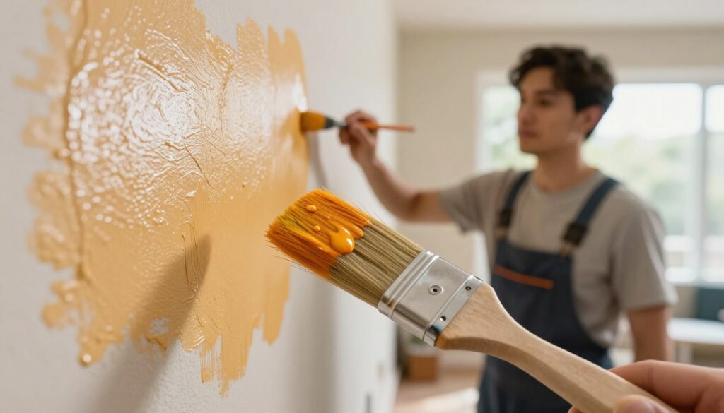 A visual guide to paint drying times, depicting various types of paint being applied to a textured wall. In the foreground, a close-up of a brush dipped in vibrant acrylic paint, with droplets glistening in the light. In the middle ground, a painter in professional attire wears a focused expression as they apply latex paint to the wall, showcasing the difference in texture and sheen between the two paint types. The background is a softly blurred room filled with natural light, giving a serene and organized atmosphere. Use warm lighting to create a welcoming feel, emphasizing the differences in drying times through the variation in color and glossiness of the paint surfaces.