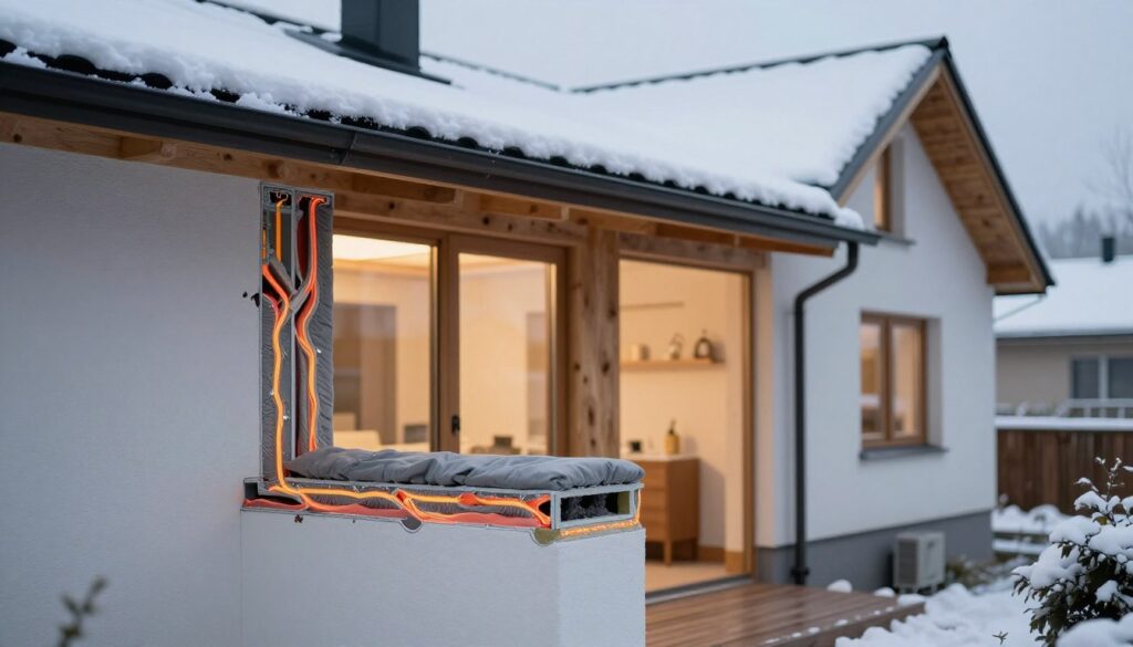 A visually striking image illustrating thermal bridges in a residential building. In the foreground, detailed cross-sections of walls and roof showcasing areas where insulation is missing, highlighting heat loss. The middle ground features a well-lit, modern interior with visible cold spots, emphasizing the effects of thermal bridges. In the background, a snowy exterior scene contrasts with the warm glow of the interior, portraying the significant heat escape through the roof. The lighting is soft and natural, creating a realistic atmosphere, while a slight focus on the architectural details reveals the importance of thermal insulation. The overall mood is informative and educational, inviting viewers to understand the critical issue of heat loss.
