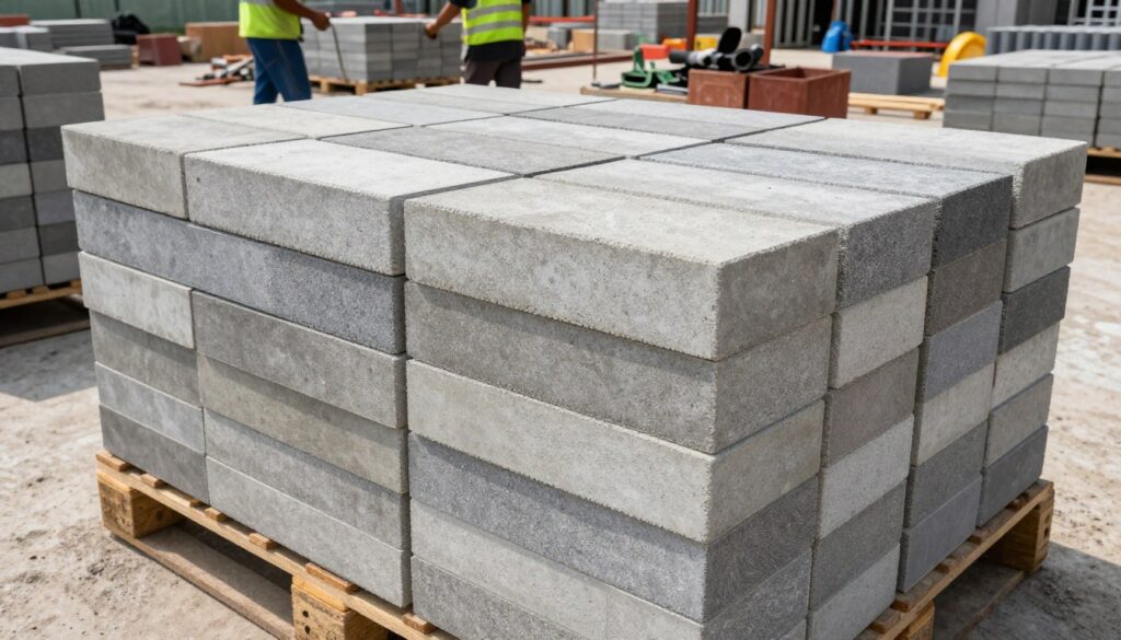 A well-arranged stack of concrete paver blocks, displaying various colors and textures, dominates the foreground, showcasing their detailed surface and edges. The middle ground features an industrial pallet, partially loaded, emphasizing weight distribution and the arrangement of the blocks. In the background, a construction site is visible, with builders in professional attire preparing for transport and unloading, surrounded by tools and equipment that highlight the logistics of handling heavy materials. The scene is bathed in natural daylight, casting soft shadows and enhancing the textures of the pavers. The mood is focused and professional, conveying the importance of understanding the weight factors and preparation involved in transporting paving stones. The camera angle is slightly elevated, giving a comprehensive view of the pallet and surrounding environment.