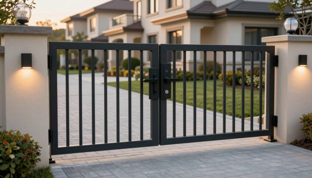 A well-designed entrance gate that emphasizes user safety, showcasing sturdy construction materials such as reinforced steel and secure locking mechanisms. In the foreground, focus on a partially opened gate, revealing its intricate details like safety sensors and a control panel. The middle ground should feature a smooth, textured driveway made of interlocking pavers, leading to a landscaped yard with low shrubs and decorative lighting. In the background, an elegant residential home can be seen, subtly blending into a tranquil neighborhood. The scene is illuminated by soft, warm lighting during golden hour, casting gentle shadows and creating a welcoming atmosphere. The composition reflects a balance of modern aesthetics and functionality, ensuring the safety of users while maintaining an inviting appearance.