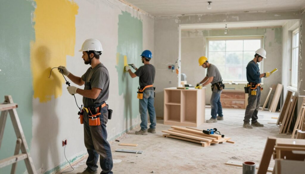 A well-lit construction site showcasing various specialists engaged in renovation tasks. In the foreground, a skilled electrician examines wiring with tools in hand, wearing a hard hat and professional attire. Close by, a painter carefully applying fresh coats of vibrant color to the walls. In the middle ground, a carpenter is seen measuring and cutting wood for cabinetry. The background reveals stacked materials and a partially renovated room, highlighting the evolving space. The scene is captured using a wide-angle lens, emphasizing the teamwork and diversity of specializations. Soft, natural light filters through the windows, creating a productive and energetic atmosphere, reflecting the costs and efforts associated with labor in a renovation project. A well-lit construction site showcasing various specialists engaged in renovation tasks. In the foreground, a skilled electrician examines wiring with tools in hand, wearing a hard hat and professional attire. Close by, a painter carefully applying fresh coats of vibrant color to the walls. In the middle ground, a carpenter is seen measuring and cutting wood for cabinetry. The background reveals stacked materials and a partially renovated room, highlighting the evolving space. The scene is captured using a wide-angle lens, emphasizing the teamwork and diversity of specializations. Soft, natural light filters through the windows, creating a productive and energetic atmosphere, reflecting the costs and efforts associated with labor in a renovation project.