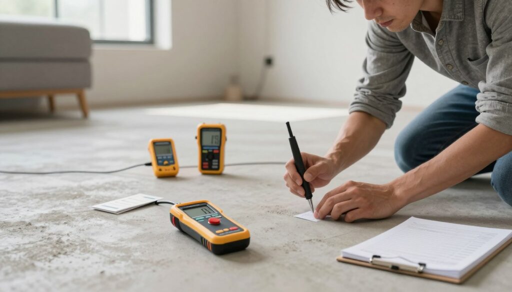 A well-lit indoor scene showcasing both home and professional methods for measuring moisture levels in a concrete slab. In the foreground, a moisture meter rests on a smooth, partially finished floor, its digital display clearly visible. Nearby, a professional in smart casual attire is seen using a pin-type moisture meter, focused on reading the measurements. In the middle ground, various tools are arranged neatly: a hygrometer, a moisture testing kit, and a notepad with notes. The background features the outlines of a stylish, undecorated room with soft, natural lighting filtering through a window, creating a calm atmosphere. The image should convey a sense of precision and professionalism, emphasizing the importance of checking humidity before floor installation.