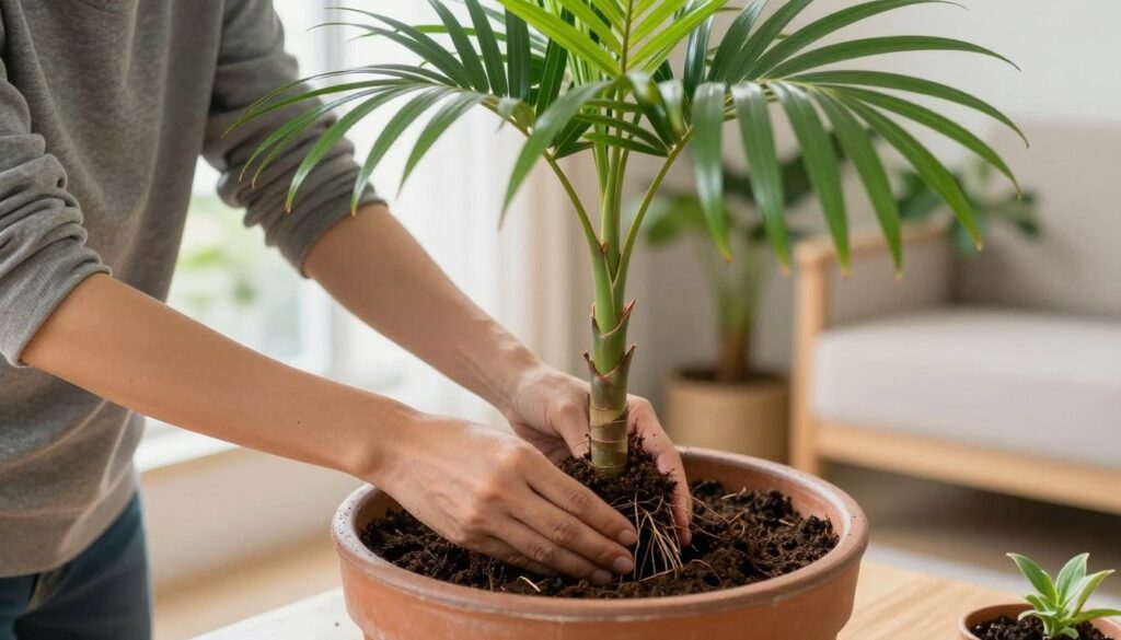 A well-lit indoor setting featuring a person in modest casual clothing carefully transplanting a young coconut palm into a larger pot. In the foreground, focus on the hands gently placing the palm's roots into fresh potting soil, showcasing the lush green fronds. The middle ground displays the pot with rich, dark soil and the healthy coconut palm, including its textured trunk and vibrant leaves. In the background, soft natural light filters through a window, illuminating a cozy home environment filled with a few other houseplants. The atmosphere is nurturing and calm, emphasizing the joy of plant care and the importance of proper repotting techniques.