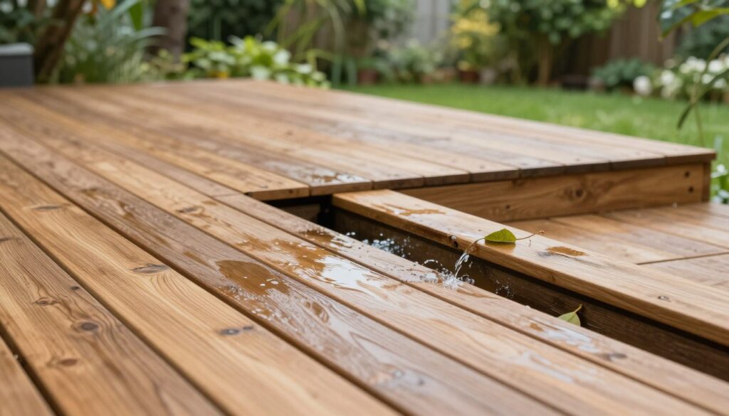 A wooden terrace designed with a slight downward slope to efficiently channel rainwater, showcasing well-placed drainage solutions that prevent water accumulation. In the foreground, detailed wooden planks with natural textures shine under soft, diffused sunlight. The middle section illustrates the slight angle of the terrace, emphasizing the collection points where water flows, with a few leaves to show the natural setting. In the background, a lush green garden adds to the serenity, with light filtering through trees creating a peaceful atmosphere. The angle captures the landscape in a slightly elevated view, while the lighting enhances the warmth of the wood, making it inviting and practical. The overall mood is calm and functional, representing the essence of a well-designed wooden terrace. A wooden terrace designed with a slight downward slope to efficiently channel rainwater, showcasing well-placed drainage solutions that prevent water accumulation. In the foreground, detailed wooden planks with natural textures shine under soft, diffused sunlight. The middle section illustrates the slight angle of the terrace, emphasizing the collection points where water flows, with a few leaves to show the natural setting. In the background, a lush green garden adds to the serenity, with light filtering through trees creating a peaceful atmosphere. The angle captures the landscape in a slightly elevated view, while the lighting enhances the warmth of the wood, making it inviting and practical. The overall mood is calm and functional, representing the essence of a well-designed wooden terrace.