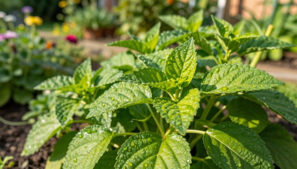Vibrant, close-up view of verbena leaves, showcasing their rich green color and texture, with intricate details and a dewy freshness that suggests a citrus scent. In the foreground, the leaves glisten under soft, natural sunlight, creating a lively contrast. The middle ground features a blurred garden background, with hints of blooming flowers and lush foliage, set in a tranquil garden setting. The lighting is warm and inviting, evoking a sense of serenity and freshness. The atmosphere is bright and lively, with a focus on the chemical secrets of the leaves, hinting at their aromatic qualities. Use a shallow depth of field to emphasize the details of the leaves while softly blurring the background, creating a harmonious and refreshing scene.